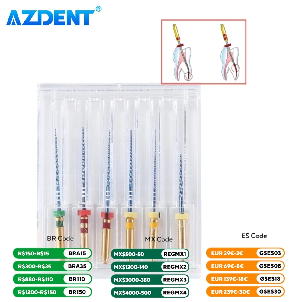 Azdent根管ファイル、内部形成ファイル、歯科用熱活性化ニッケルチタン、歯科用エンジン使用、25mm、6個