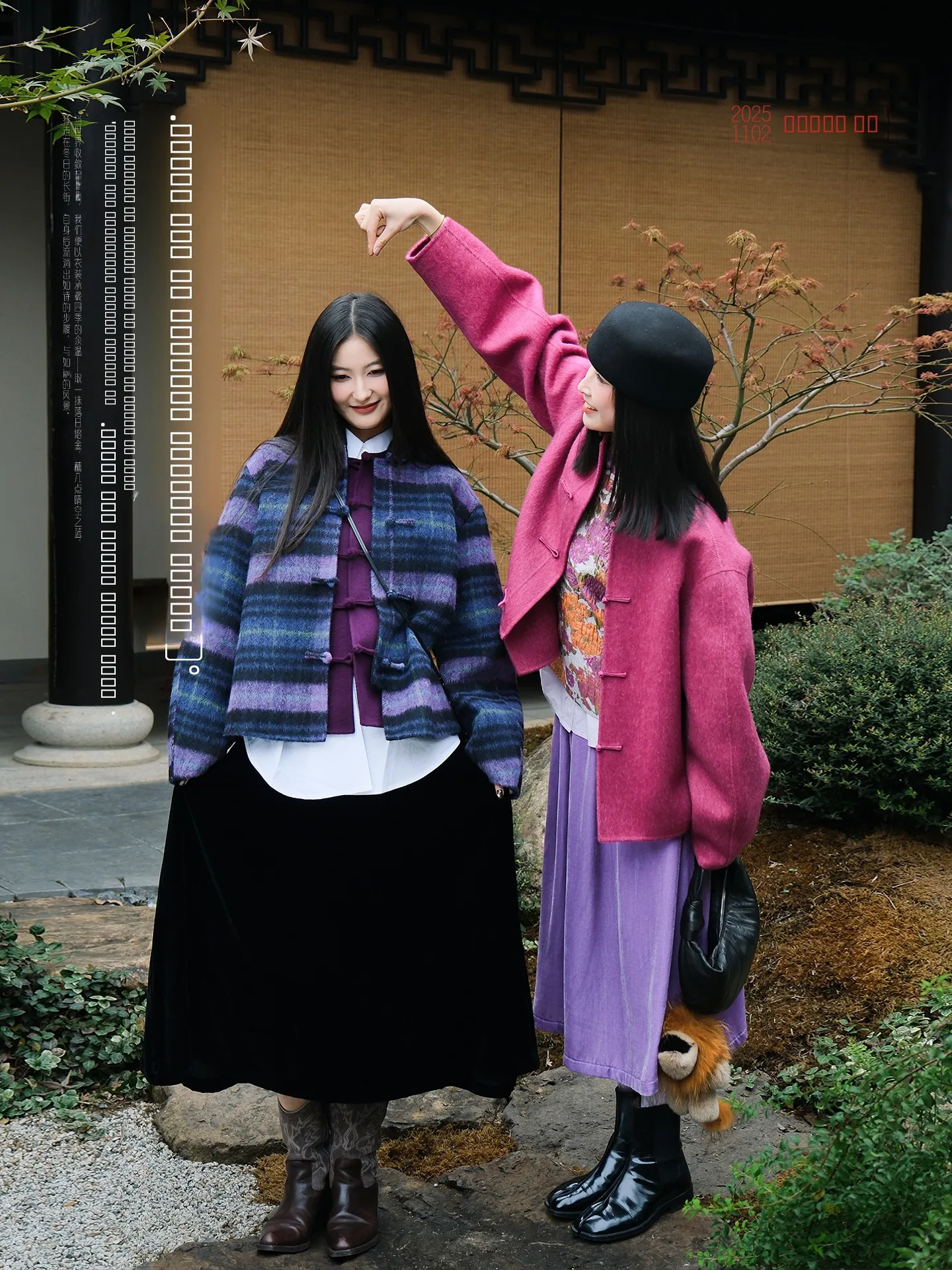 

Двустороннее шерстяное пальто с пуговицами, круглым вырезом, в клетку, цвета пурпурный липстик, свободного кроя, в стиле ретро, с длинными рукавами, осень-зима