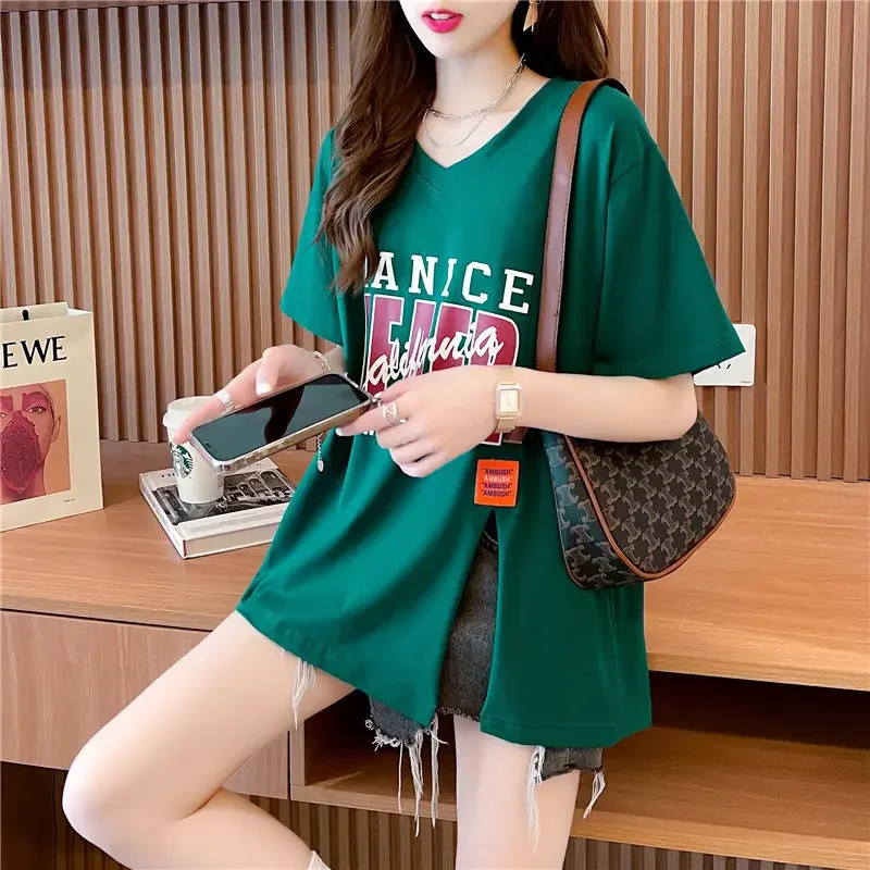 Women's T-shirt Letter Baggy Cotton Top Female Green Slit Yk2 Korean One Pieces Comfortable Clothes Streetwear Basic Pulovers