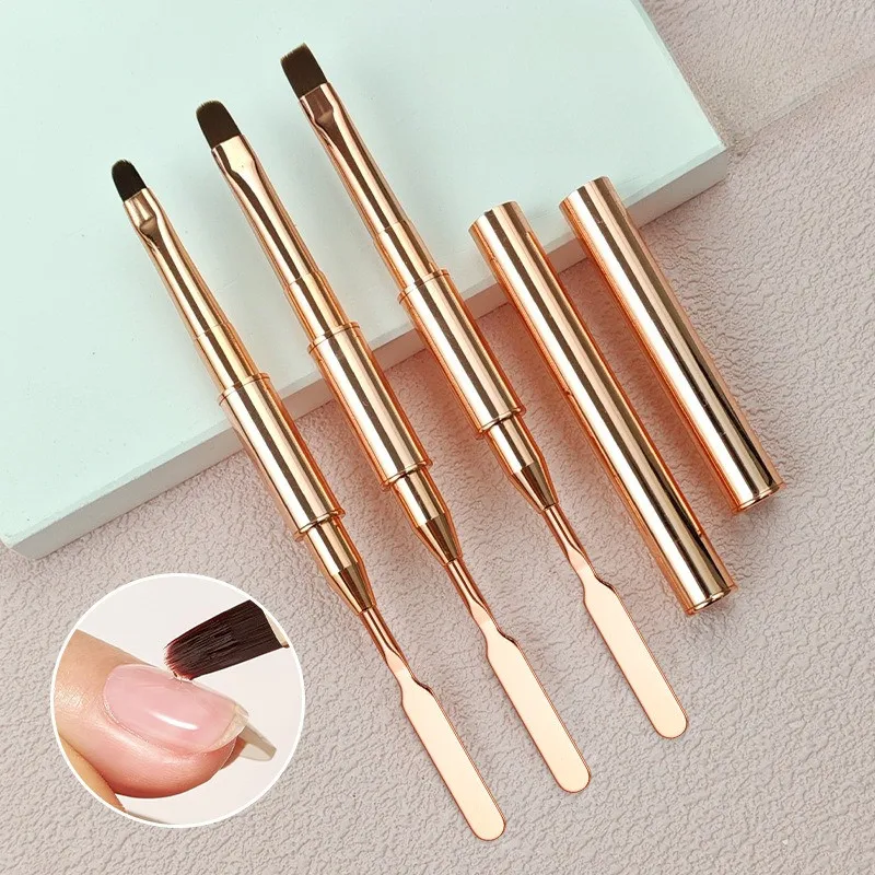 Image of Roségoldfarbener 2-in-1 Doppelendiger Nagelgel-Pinsel, Edelstahl-Spatel für Gel-Mischung, Anwendung, Schnitzerei und Nagelverlängerung