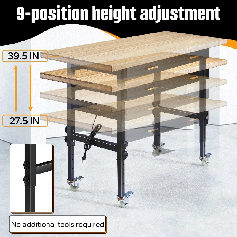 Banco de trabajo ajustable de 60" con cajón de almacenamiento, tomas de corriente y ruedas, banco de trabajo resistente para el hogar, garaje y oficina