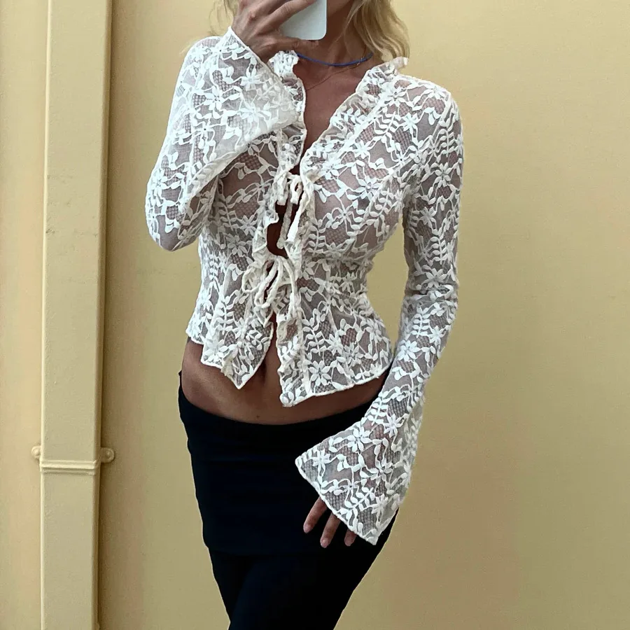 2025 Autumn New V-neck Lace Tie Long Sleeve Sheer Base Shirt Short Cardigan Top