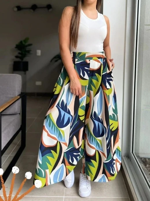 

Fashionable casual printed elastic high waisted wide leg pants