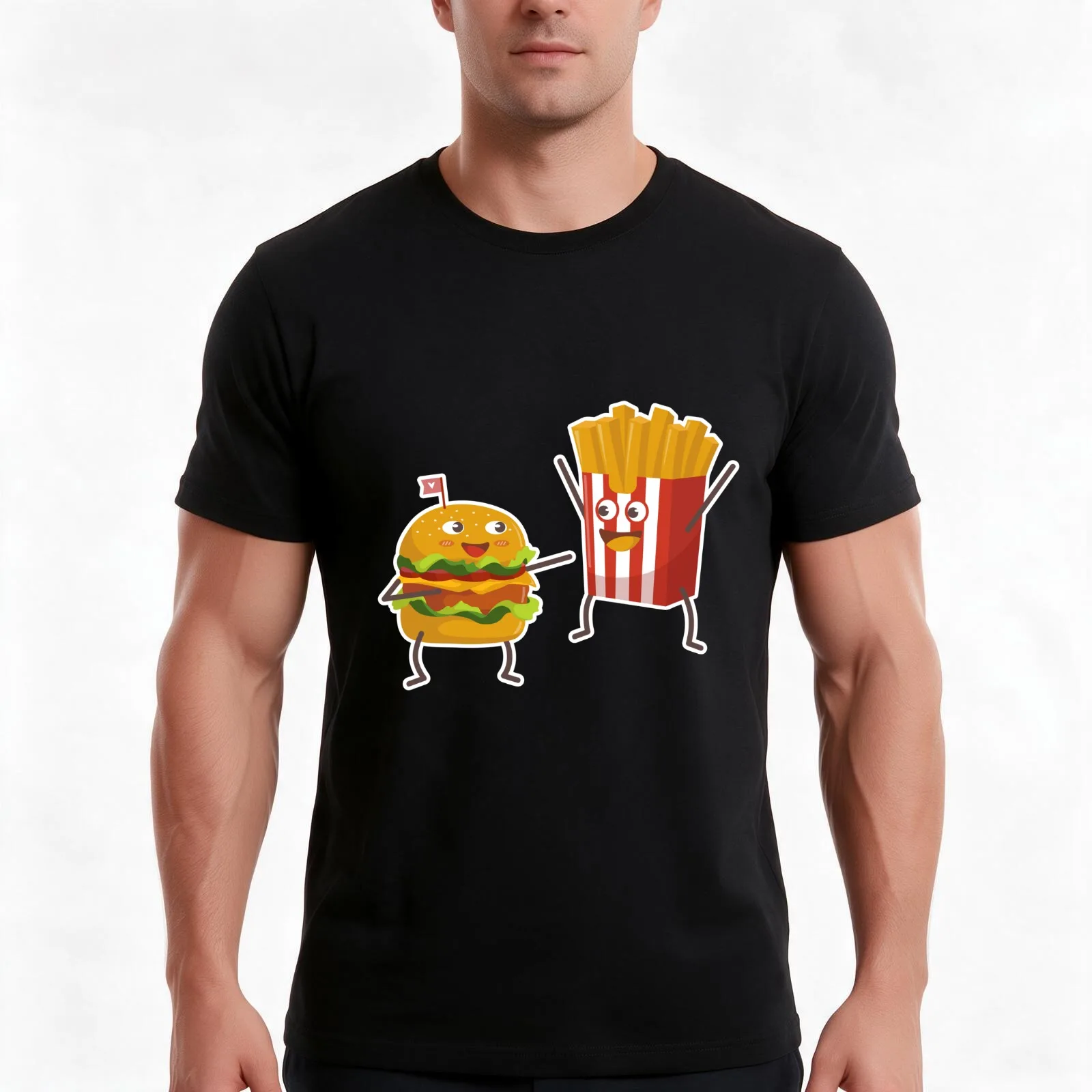 Hamburger And French Fries Friends T-Shirt, Summer Casual Cotton Tee, Oversized Streetwear Tops, Vintage Graphic Print