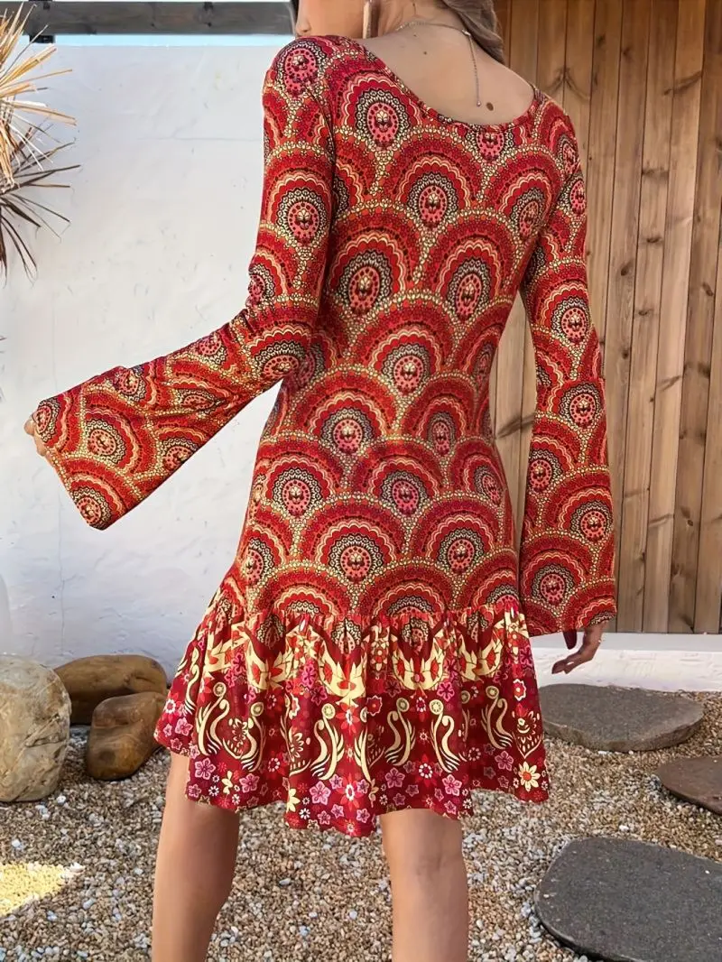 Vintage Ethno-Print V-Ausschnitt Kleid mit ausgestellten Ärmeln und Rüschenkante für Damen – Lässiges Maxikleid für den Sommer – Detail 6