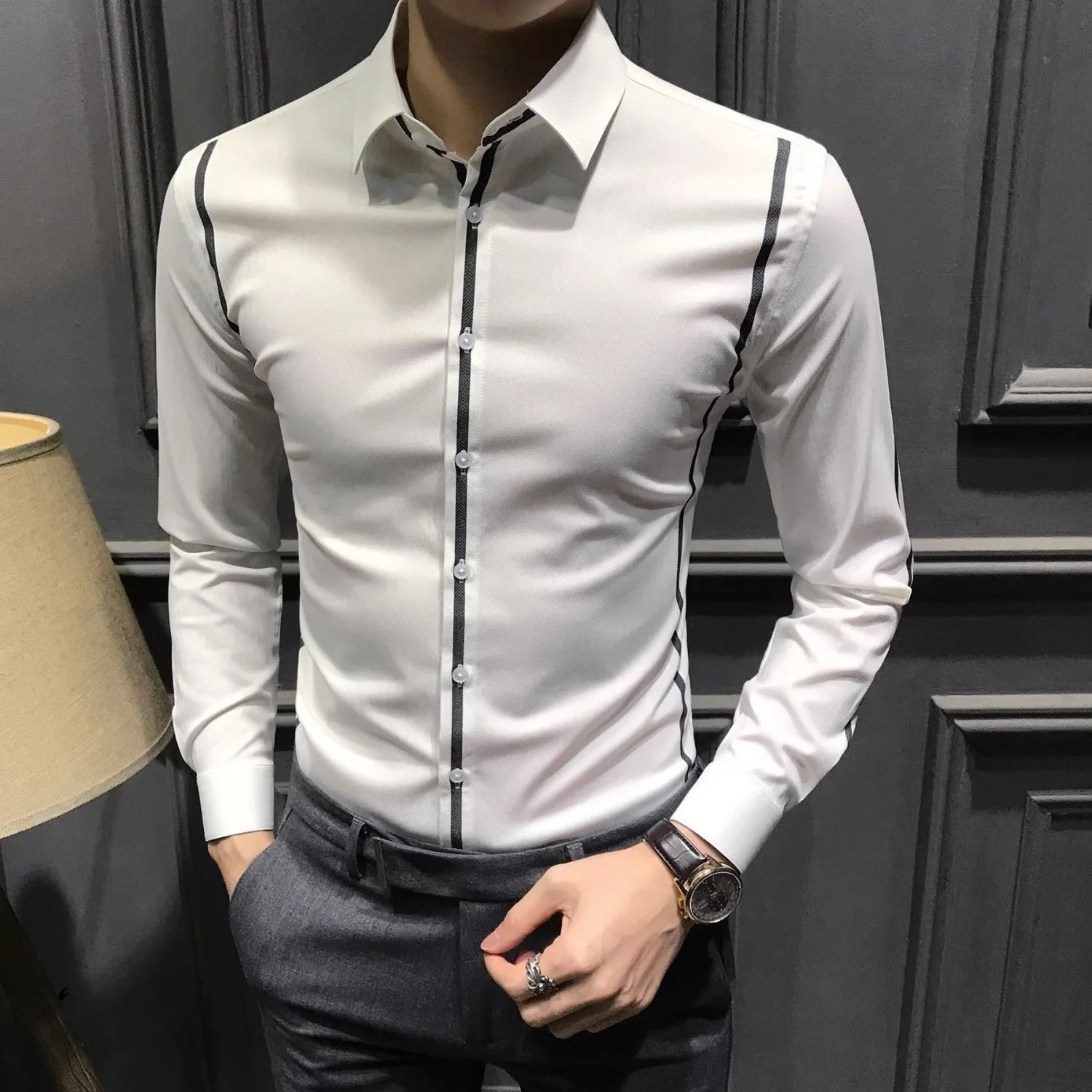 High End Fashion Simple Versatile Spring New Long Sleeve Shirt Men Lapel Collar Button Patchwork Striped Temperament Casual Top