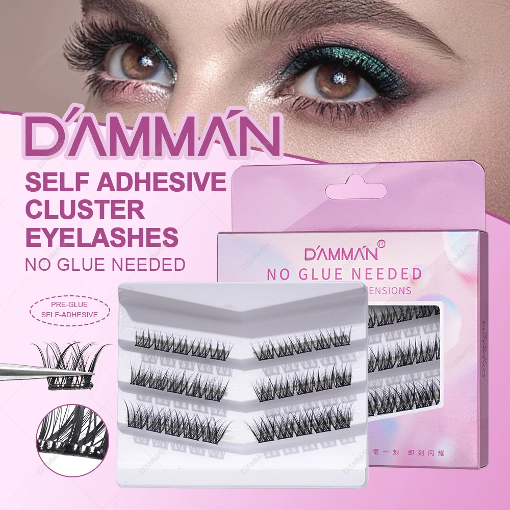 DAMMAN DIY Glue Free False Eyelashes 3 Rows Individual Lash Clusters Mink Segmented Self Adhesive Lashes No Glue Need Reusable