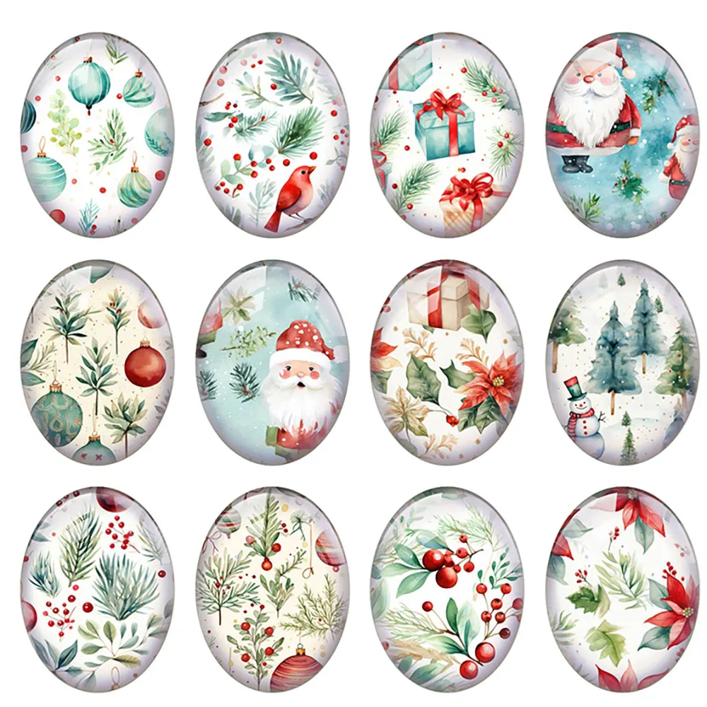 10pcs/lot Christmas X-mas Winter Flower Leaf Santa Bells Oval Photo Glass Cabochon Flatback Demo Cameo For Diy Jewelry Making