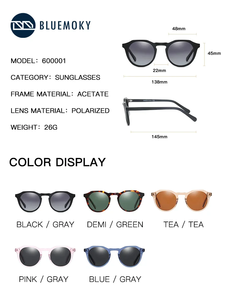 نظارات شمسية مستقطبة للحماية من الأشعة فوق البنفسجية 400 من BLUEMOKY، مستديرة كلاسيكية من الأسيتات للرجال والنساء، اتجاه ممتاز شعبي