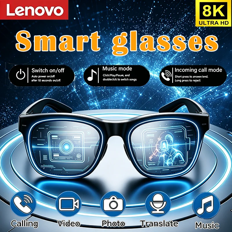 Óculos Inteligentes Lenovo 2026 Novos com Bluetooth 5.4, Controle Remoto, Assistente de Voz, Gravação de Fotos e Tradutor, Óculos de Sol Sem Fio