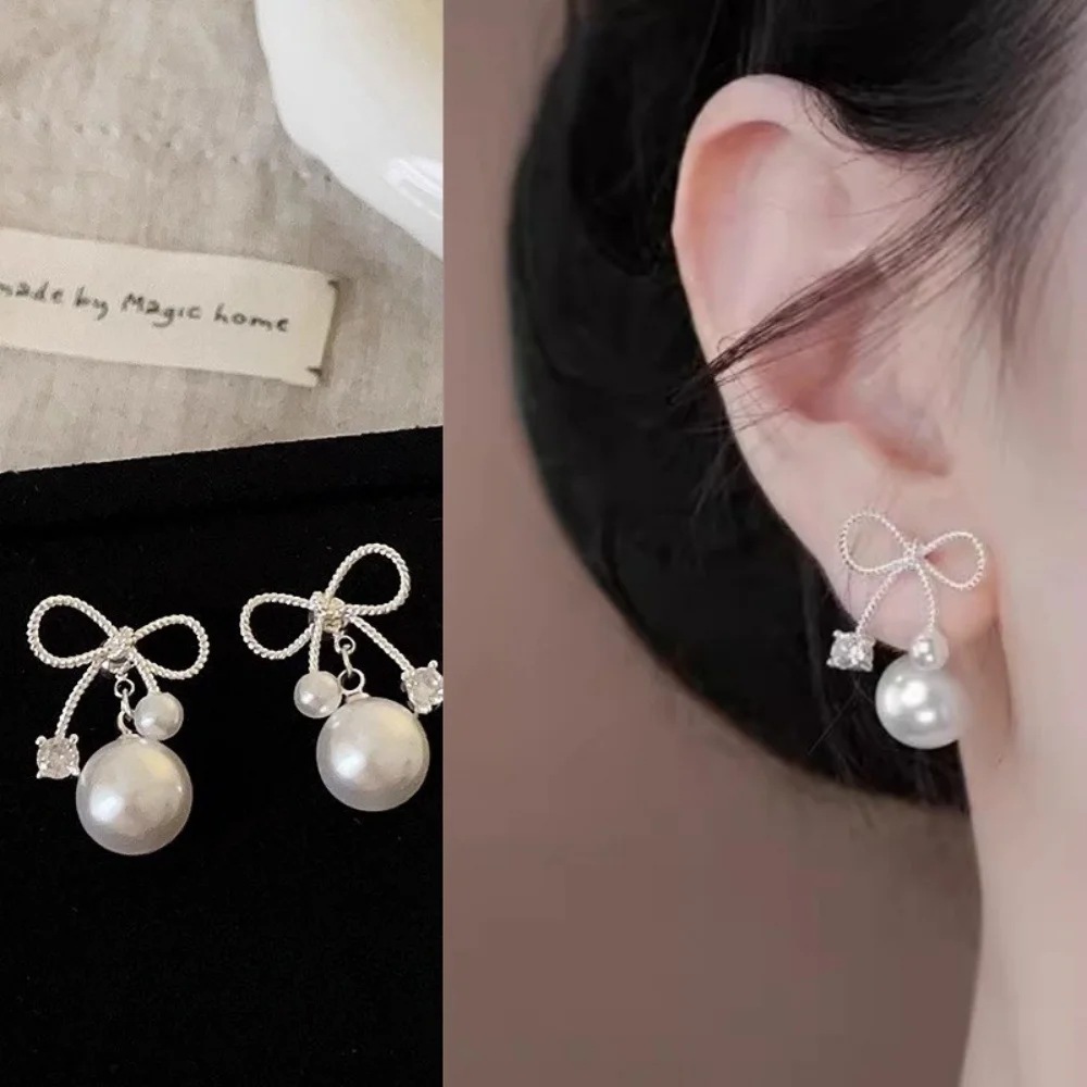 White Bow Pearl Stud Earrings Sparkling Rhinestone Earrings Wedding Birthday Pearl Drop Earrings Fashion Jewelry Gifts For Women