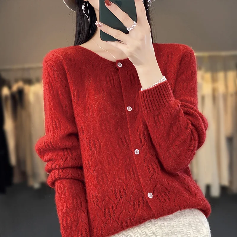 Spring Autumn New Women 100% Merino Wool Sweater O-neck Hollow Cardigan Women Long Sleeve Knitwear Korean Popular Clothing Tops