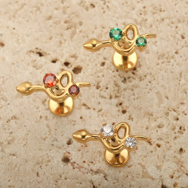 ZOOR F136 التيتانيوم أنودة ثعبان مختبر ثقب Labret مع زركون الأذن اللولب شقة الزنمة القرط الأنف الدائري الشفاه ثقب #2