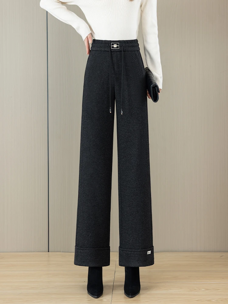 

High Waist Slim Fit Acetate Wool Wide Leg Pants Women's Autumn Winter New Style Casual Loose Fleece Lined Straight Leg Pants