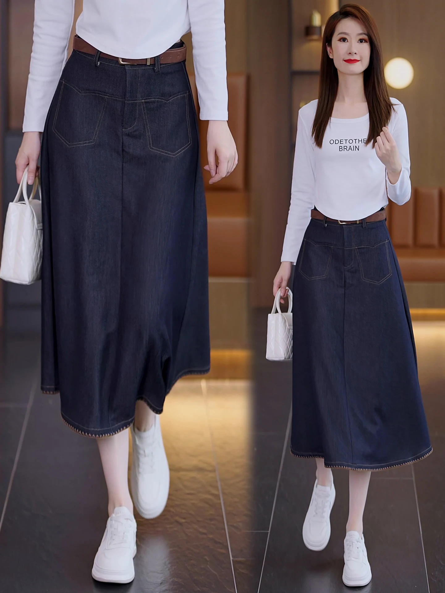 

Юбка-миди А-силуэта с высокой талией, имитация джинсов, синяя, женская, весна-осень, новый стиль, облегающая, расклешенная, скрывающая бедра