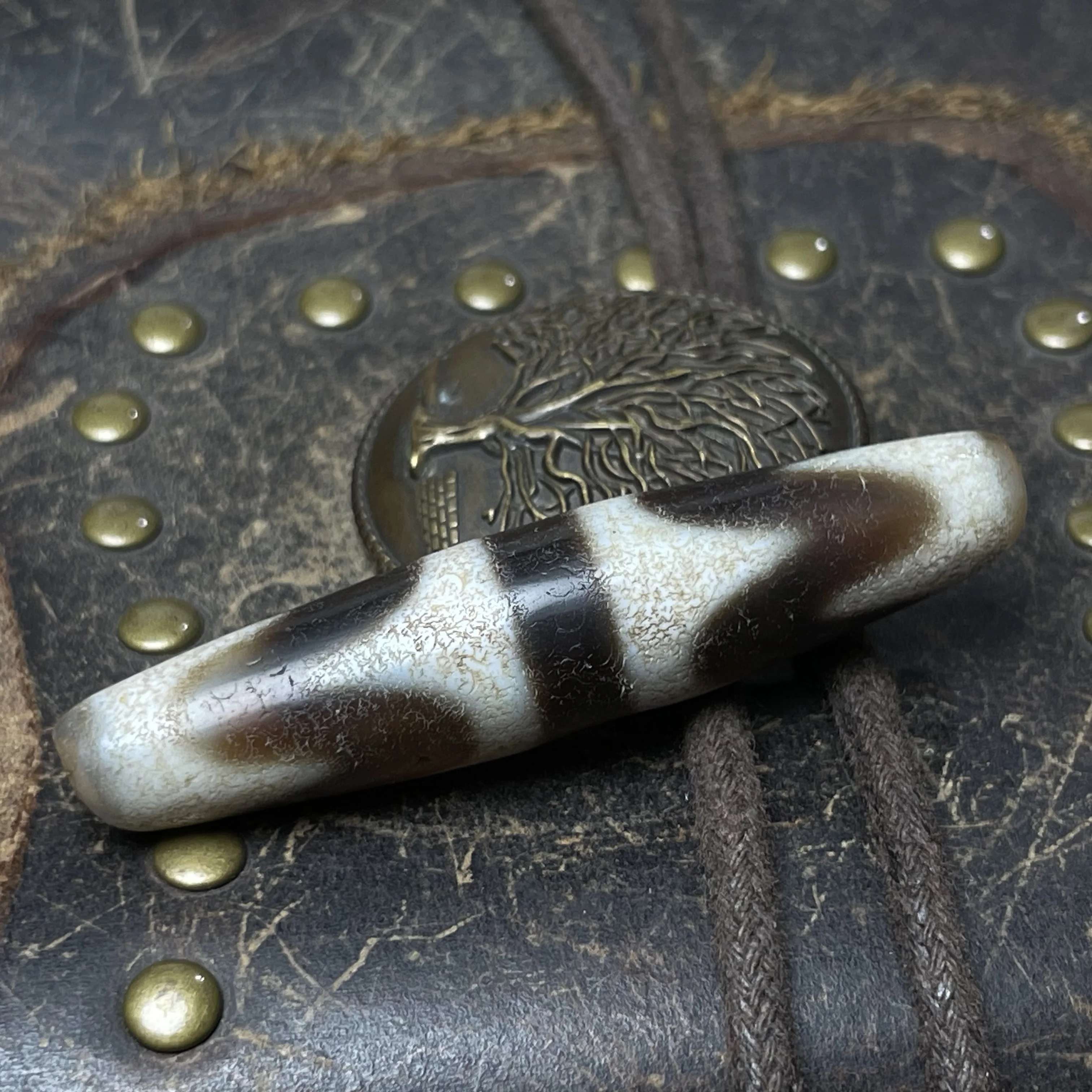Tibetan Medicine Pit Tiger Teeth Dzi Bead Pendant 11x53mm