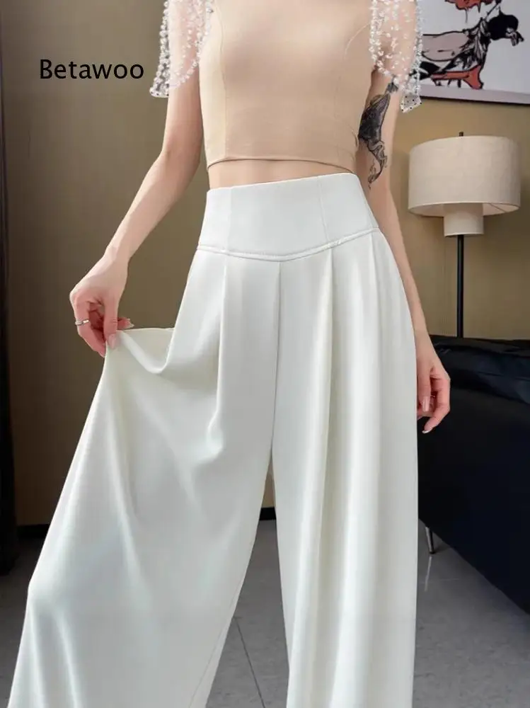 Women High Waist V Cut Waistband Pleated Wide Leg Pants Loose Floor Length Trousers With Side Pockets For Daily Casual Outfit