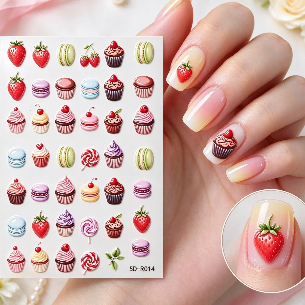 1pcs 5D Embossed Sweet Dessert Fruit Nail Art Stickers Cute Cupcake Strawberry Macaron Candy Nail Decals DIY Manicure Decor