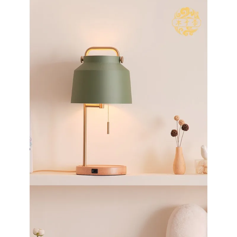 Nordic desk lamp wireless charging bedroom creative cream wind ins girl light luxury solid wood eye protection atmospherebedside