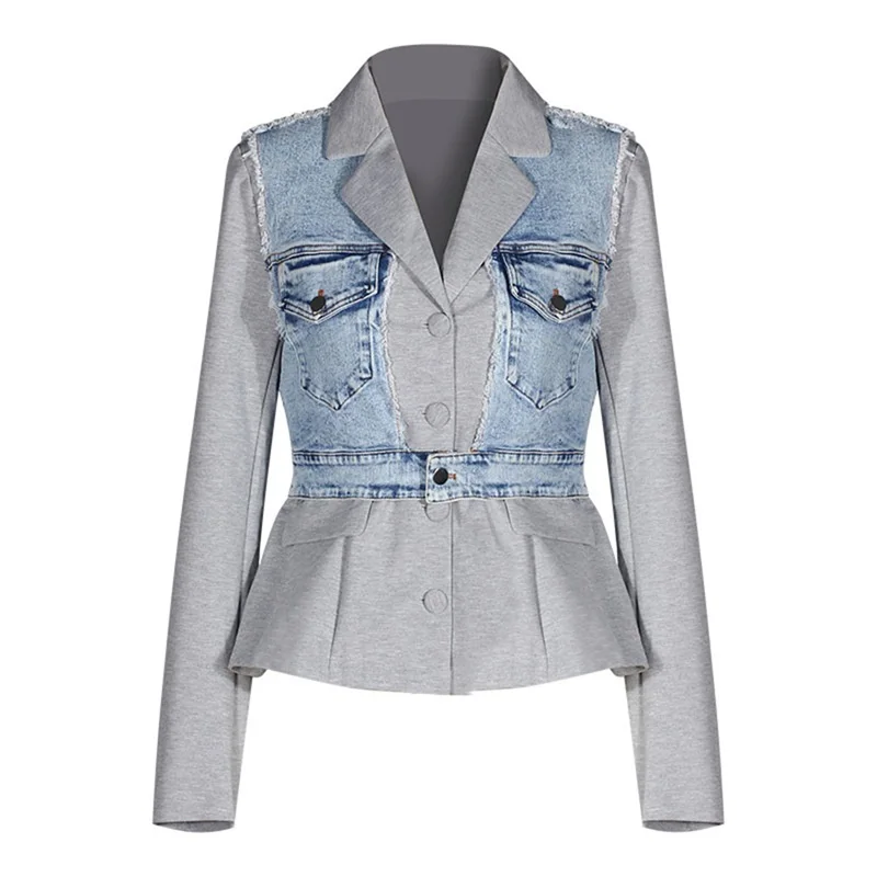 

Women's Denim and Suit Fabric Patchwork Jacket Casual Blazer with Washed Cotton Vest Top and Distressed Fringe Long Sleeve Coat