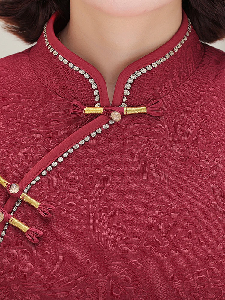 厚手のフリース裏地付きロング袍ドレス-中年女性向け-幸運の年服-静電気防止-暖かい-お手入れ簡単-スタンダードエディション