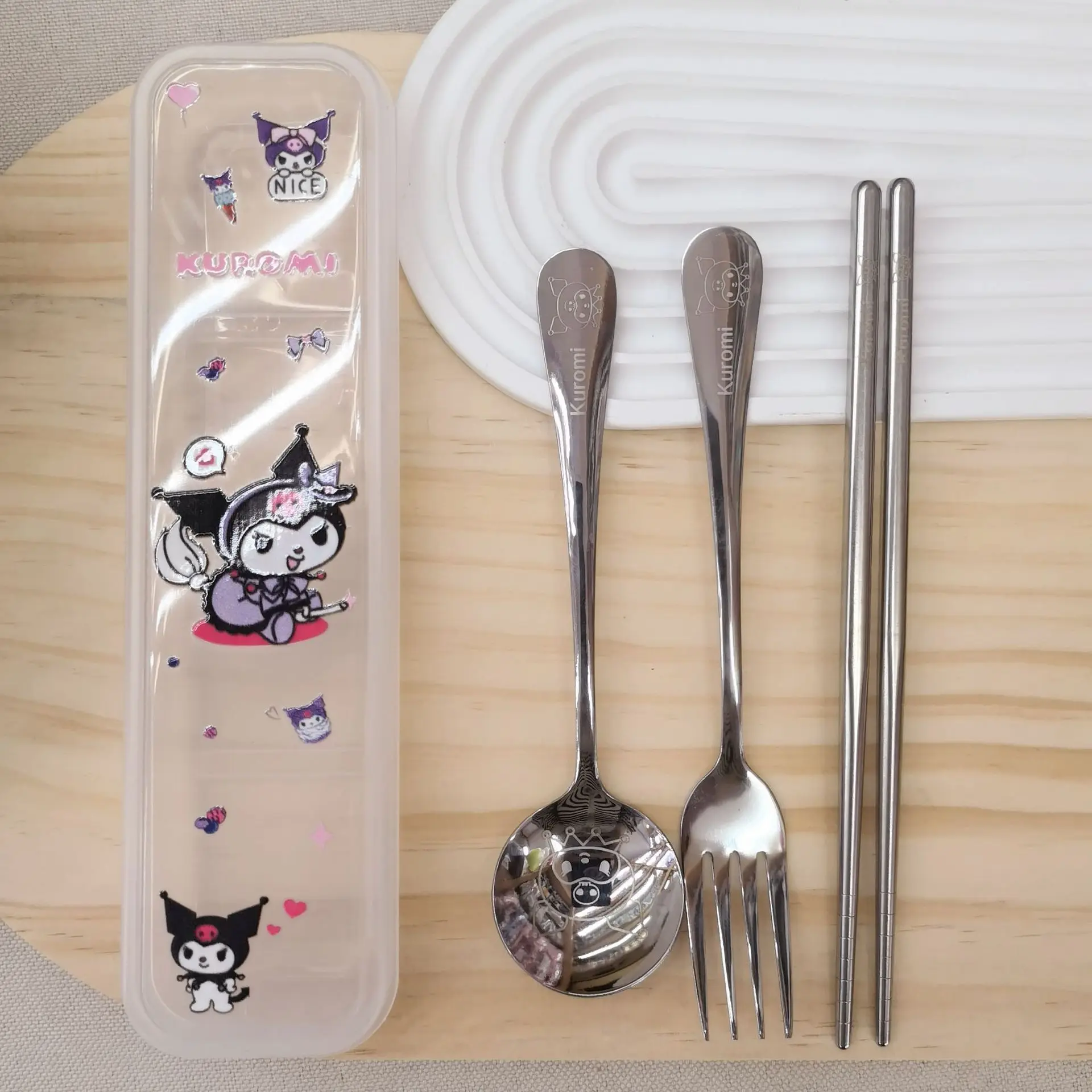 Sanrio kuromi Children's Knife, Fork, and Spoon Set - Cartoony Portable Utensils for School Cafeteria or Restaurant Use