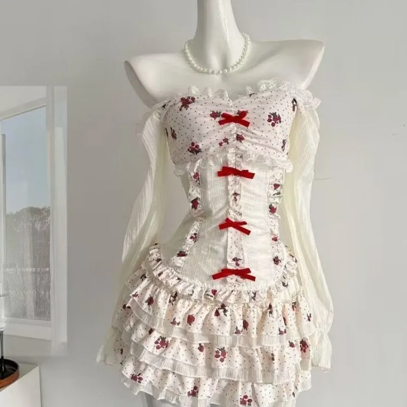 

2025 Sweet Floral Bow Slim Waist Bow Top for Women+ Sumemr High Waist A-line Cake Skirts Fashion New Two Piece Sets
