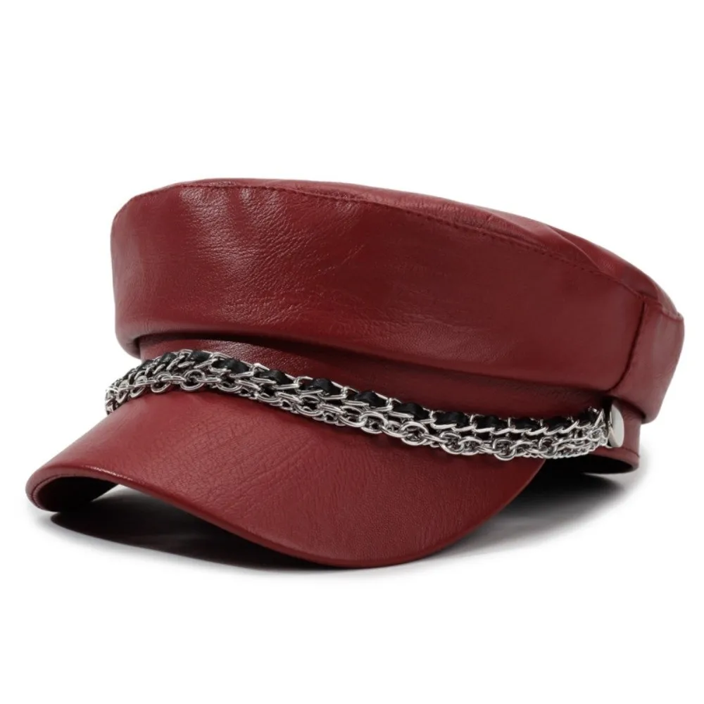 Vintage PU Leather Newsboy Cap Silver Chain Decor Adjustable Peaked Hat Casual Short Brim Octagonal Beret Cap Daily Use