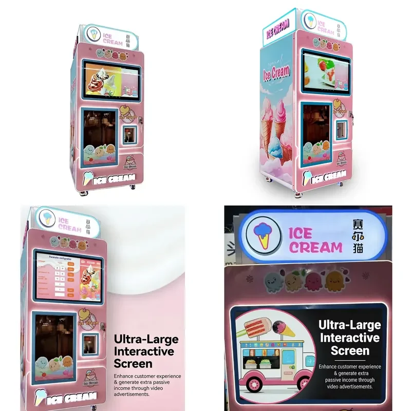 32 Inch Ad Screen Soft Serve Robot Kiosk Fully Automatic Unattended Gelato Dispenser for Shopping Malls