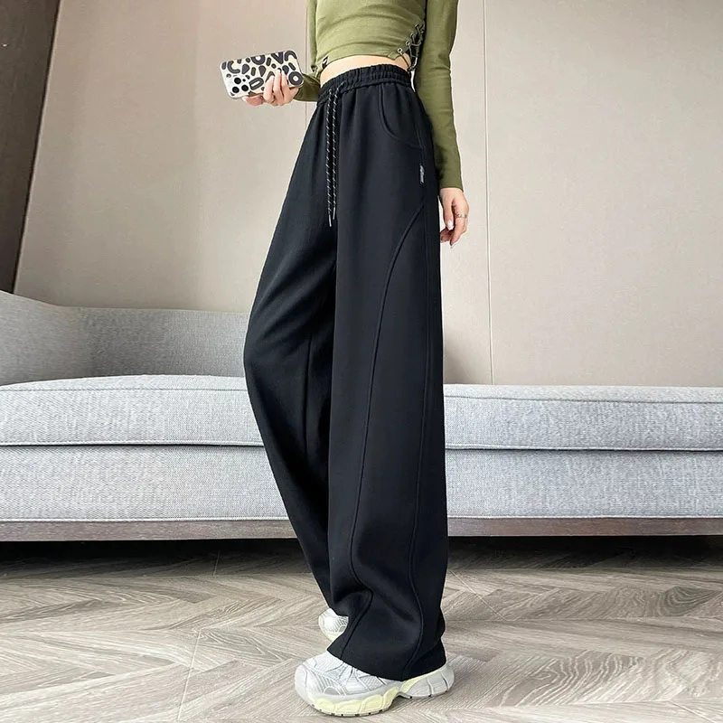 Korean High Waist Sports Pants for Women Autumn 2025 New Retro Y2K Baggy Straight Sweatpants Casual Versatile Wide Leg Trousers