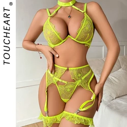 Toucheart 4 Piece Set Low-Cut Erotic Underwear For Women Floral Embroidery Underwire Push-Up Sexy Mesh See-Through Sexy Lingerie