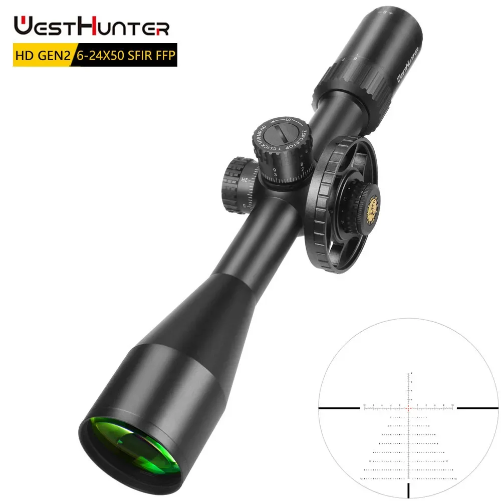 WestHunter HD GEN2 6-24x50 SFIR FFP Riflescope 1/10 MIL Illuminated Reticle First Focal Plane MRAD Scope ZERO STOP System Sights