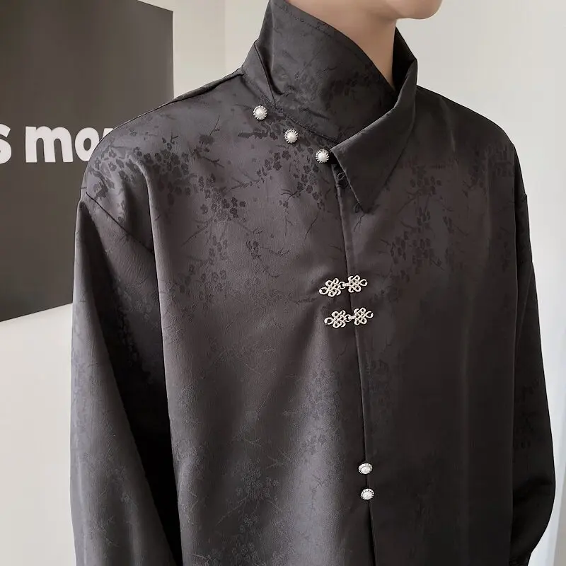 Men's Retro Jacquard Satin Shirt Spring Autumn Chinese Style French Fashion Elegant Male Long Sleeve Metal Button Shirts