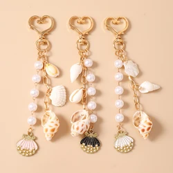 Fashion Summer Beach Shell Conch Key Chain Pearl Beaded Key Ring Pendants for Women Girls Handbag Decor DIY Jewelry Gifts