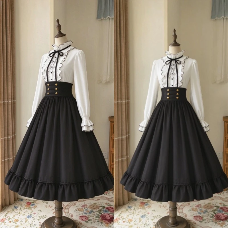 Ladies Gothic Vintage 2-Piece Skirt Suit Elegant Blouse Retro A-Line Skirt Cosplay Highstreet Wear Harajuku Trendy Street Outfit