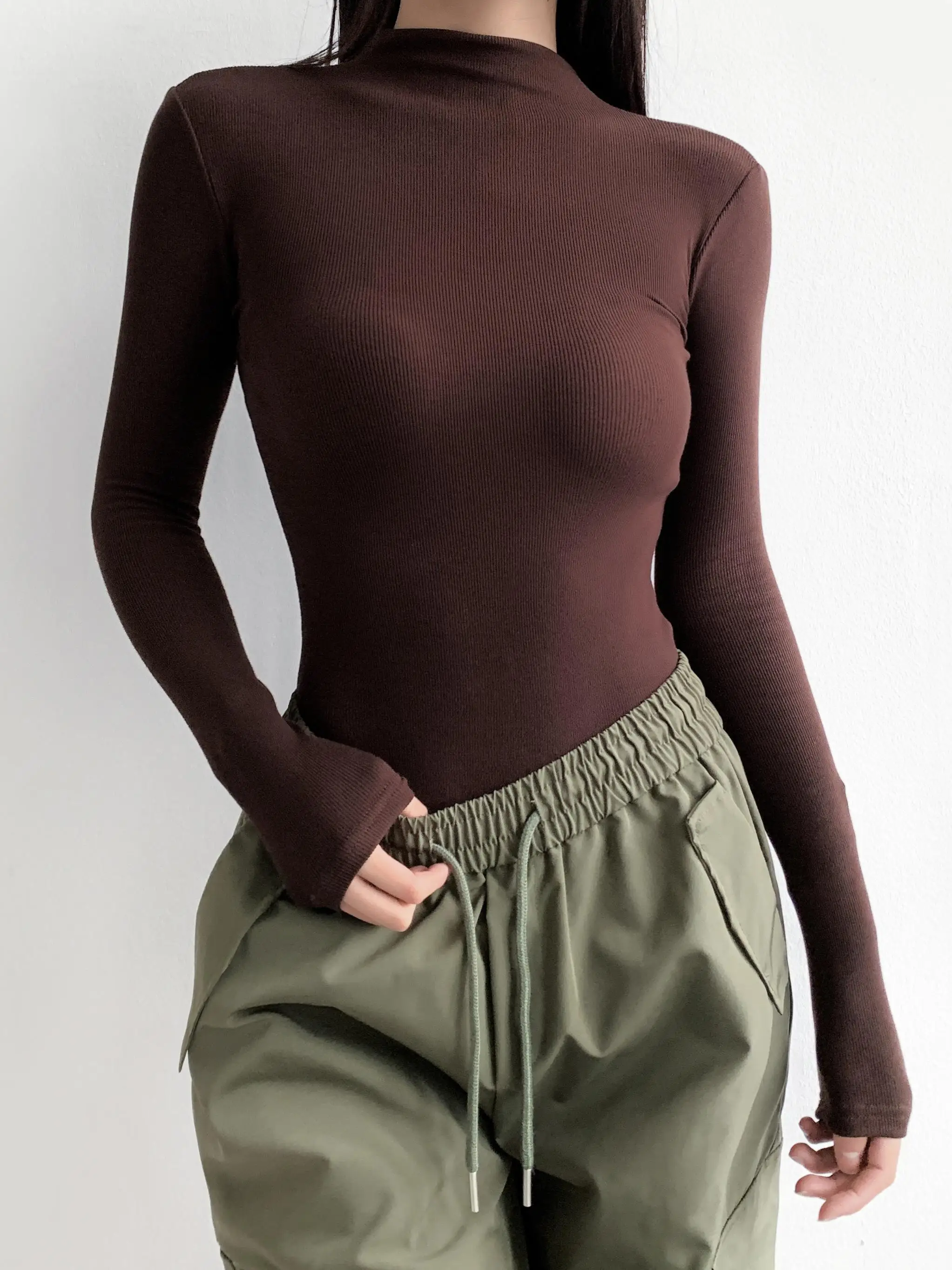 Retro Fce Lined High Collar Long Sve Slim Fit Jumpsuit Elastic Base Layer T irt Trendy Street Sle High Waist orts