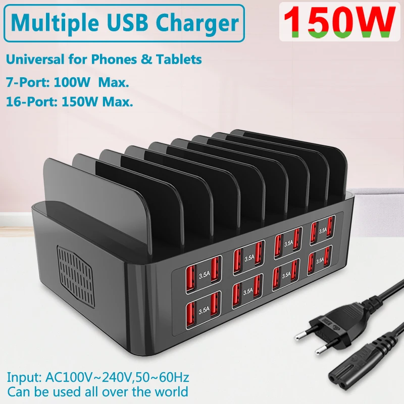 

150W Universal USB Charger Multiple Ports HUB Fast Charging Station Dock Desktop Phone Power Adapter for Samsung iPhone Xiaomi