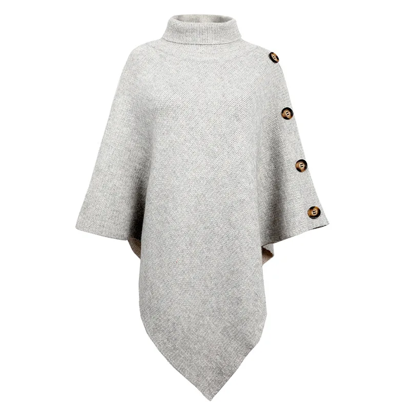 Mode automne hiver bouton Poncho femmes pull surdimensionné col roulé pull tricots vacances Vintage Cape manches kaki Cape