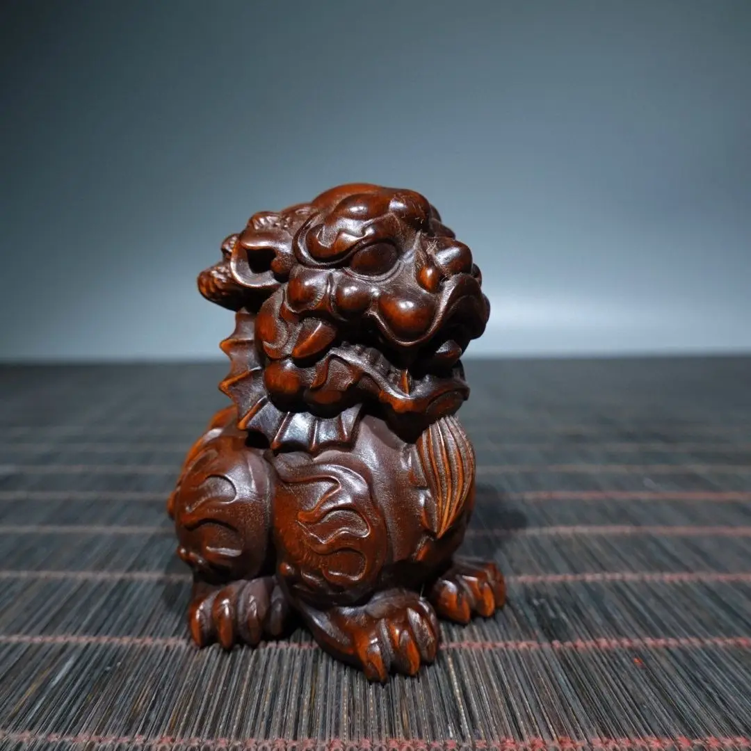 Hand Carved Wood sitting mythical beast kylin Statue Figurine Desktop Ornaments Home Decoration Crafts Tea Pet Decor