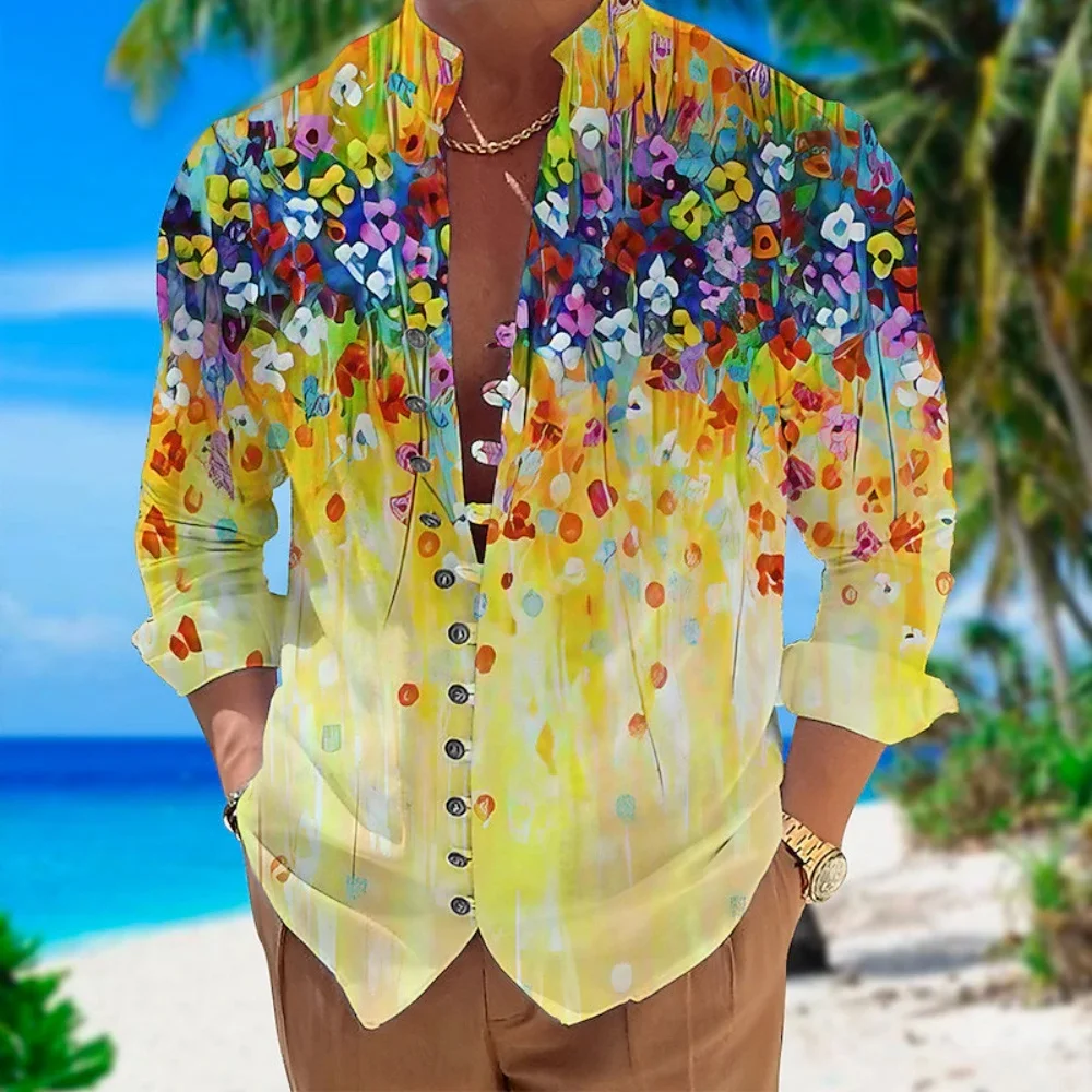 Men Yellow Gradient Watercolor Colorful Flower Long Sleeve Shirt Ink Drip Floral Print Stand Collar Beach Vacation Male Shirts
