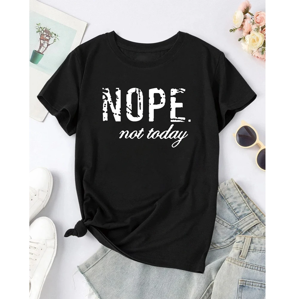 Nope Not Today Plus Size Letter Print Graphic T-Shirt Cute Short Sleeve Round Neck Shirt Casual Every Day Tops Women's Clothing