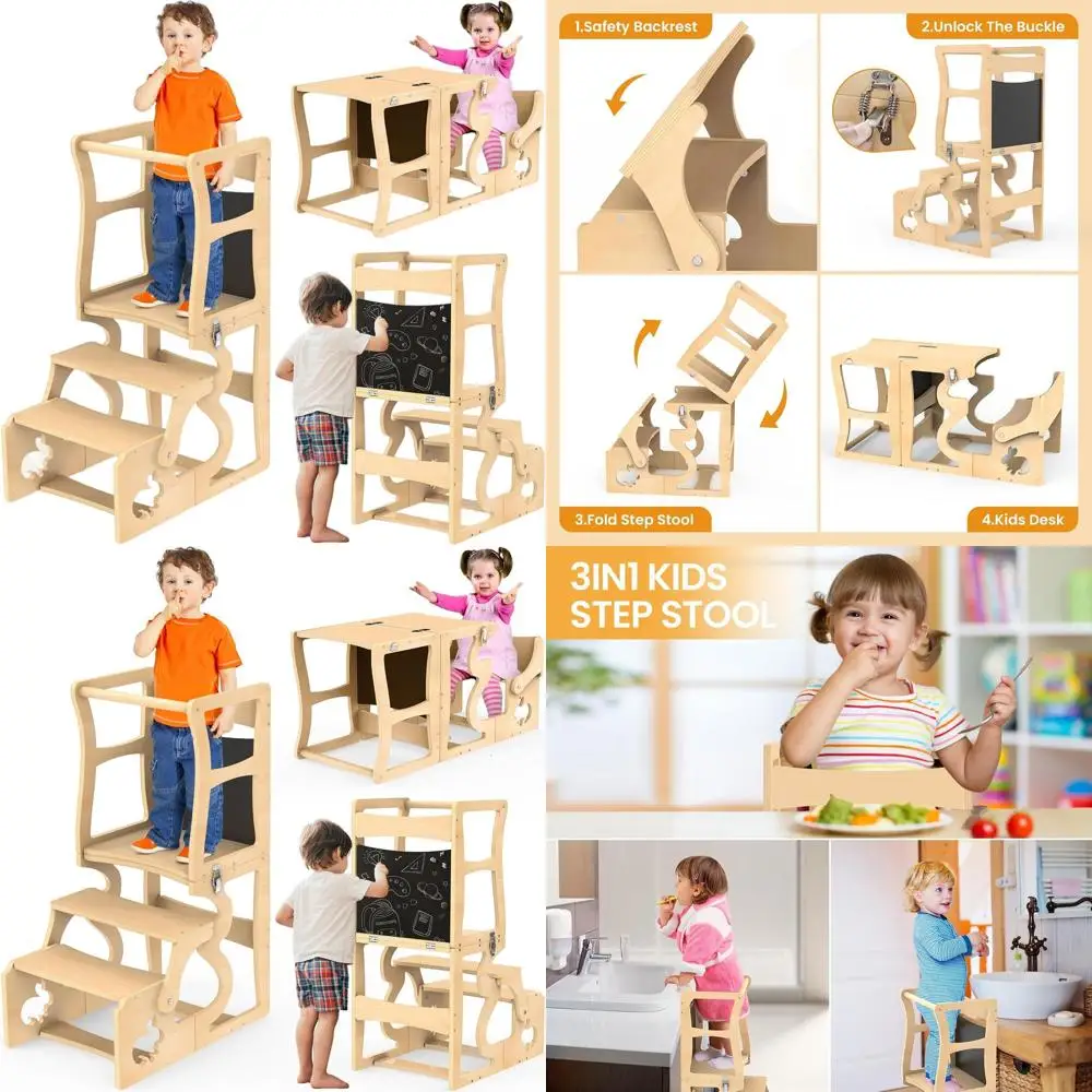 3-in-1幼児用キッチンヘルパー：折りたたみ式木製タワー（黒板、背もたれ、安全レール付き）モンテッソーリ学習用