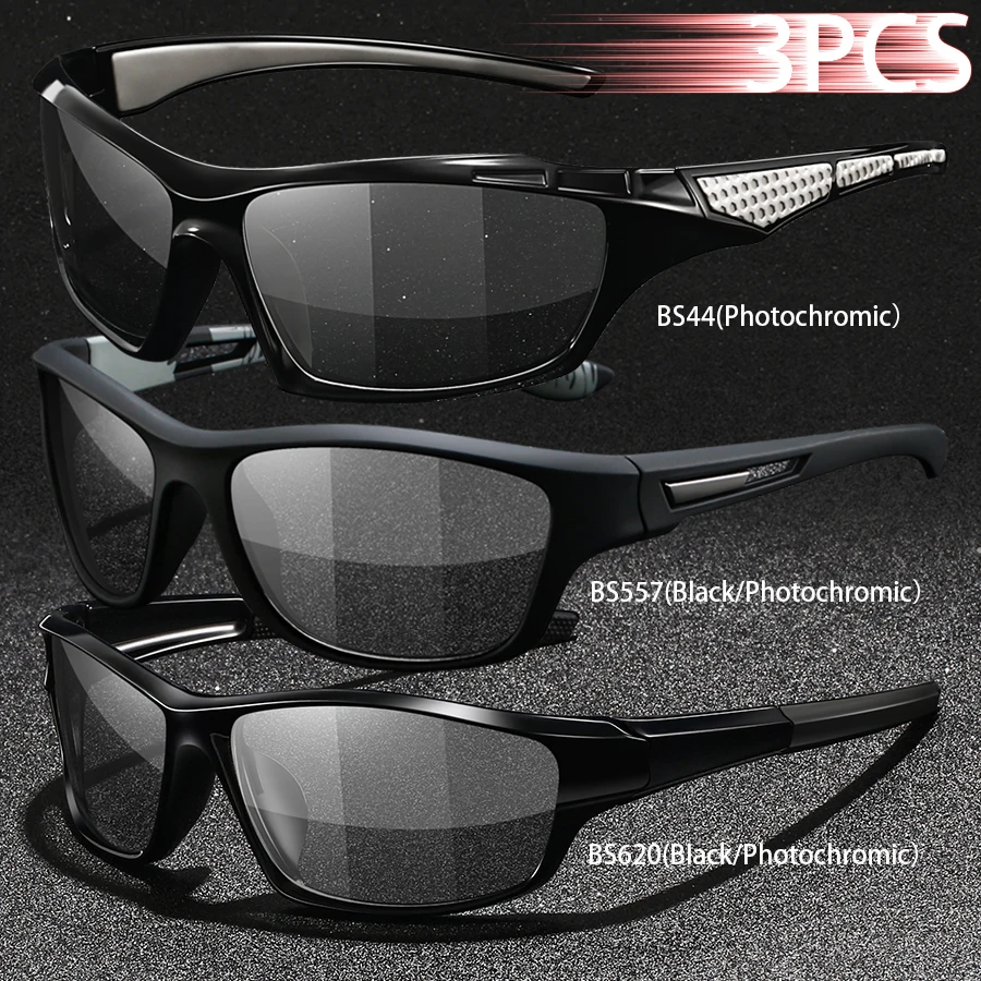 3PCS Photochromic Polarized Sports Vintage Sunglasses Men Women Cycling Driving Mountaineering Chameleon Sun Glasses UV400Eyewer