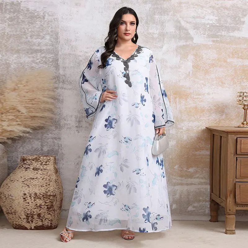 

Kyp1171 Middle East New Mesh plus Size Dress Fashion Bead Abaya Robe