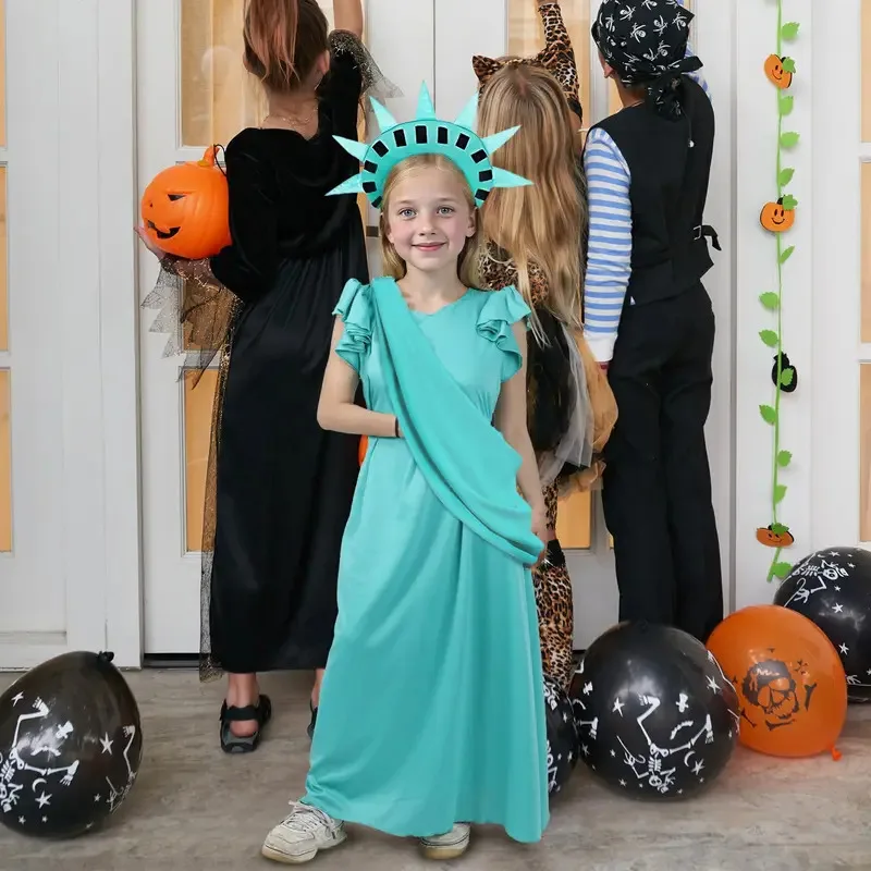 Статуя костюма для девочек, платье Леди Свободы с короной, повязка на голову, факел, Хэллоуин, косплей, вечеринка для детей yj4k Статуя костюма для девочек, платье Леди Свободы с короной, повязка на голову, факел, Хэллоуин, косплей, вечеринка для детей yj4k