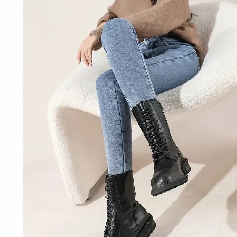 Dicke Weibliche Samt Frauen Hohe Taille Dünne Jeans Einfache Fleece Warme Slim Fit Stretch Damen Winter Casual Denim Bleistift Hosen