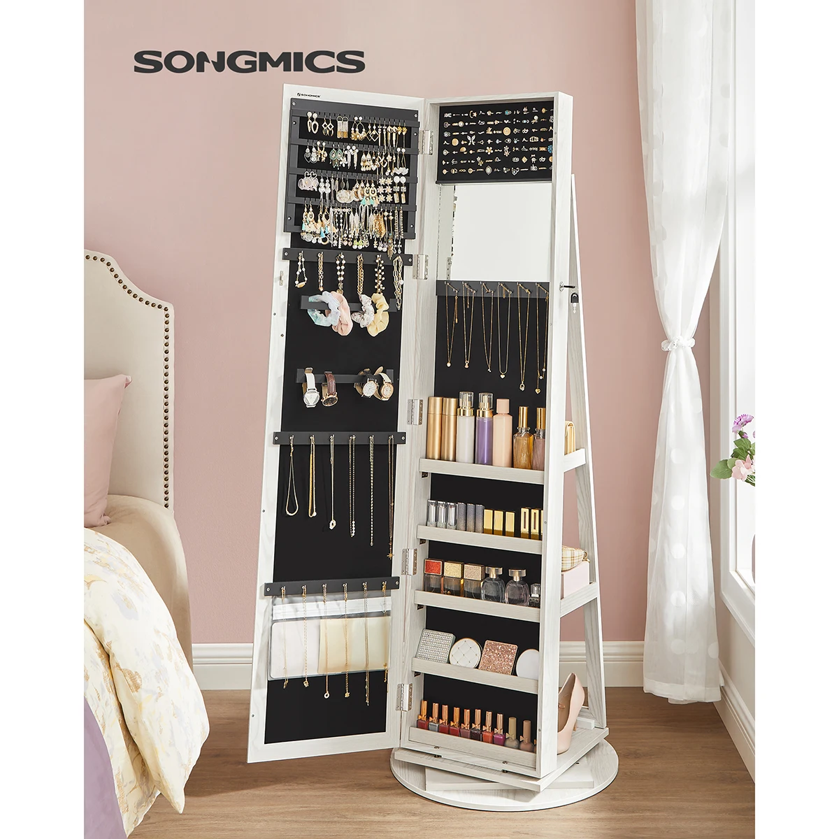 SONGMICS Jewellery Organiser, Freestanding Jewellery Cabinet with Full-Length Mirror, 360° Swivel, Storage Shelf