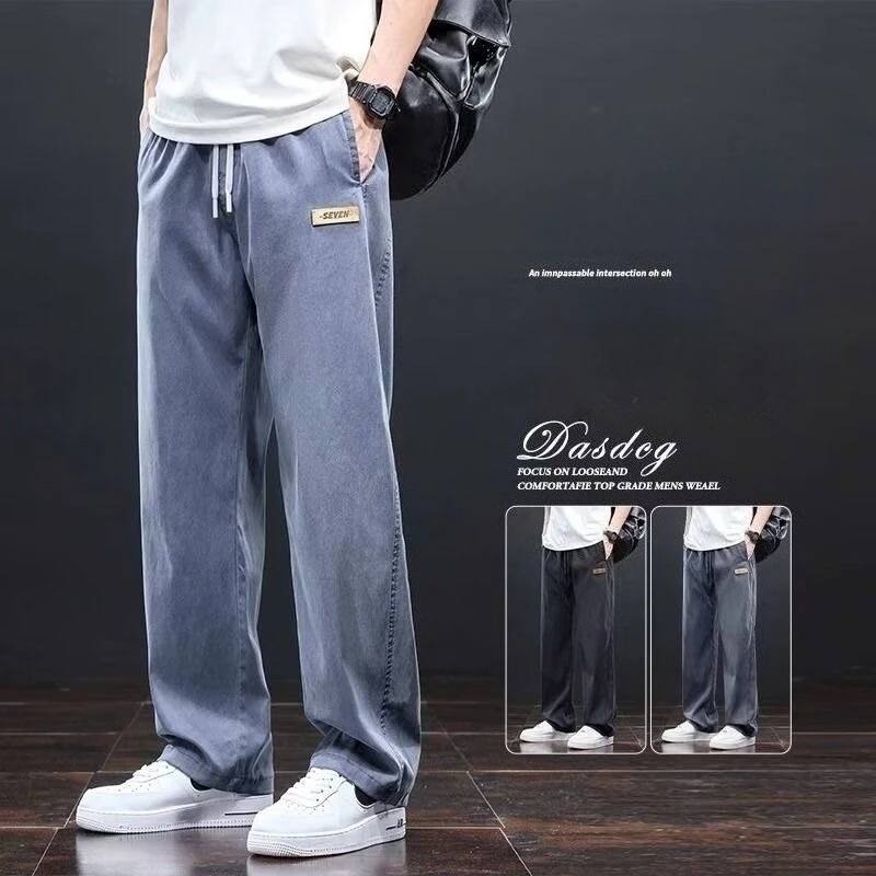 Herren-Freizeithose aus Lyocell, Sommer, dünn, atmungsaktiv, elastischer Bund, Kordelzug, lockere, gerade Hose, koreanische Streetwear, coole Hose