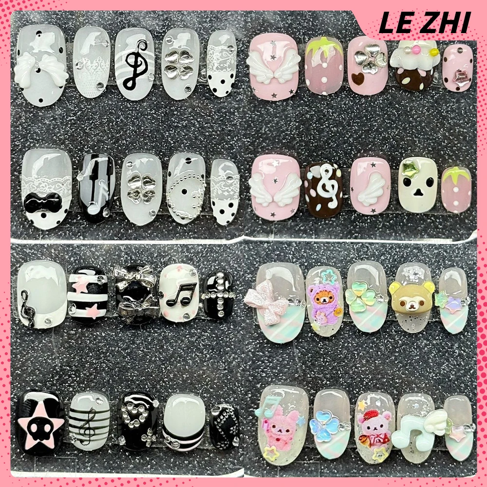 

Y2K Handmade Long Coffin Ellipse Shining Stars French Press On Nails Four-Leaf Clover Diamond Polka Point Wings Fake Nails Gifts