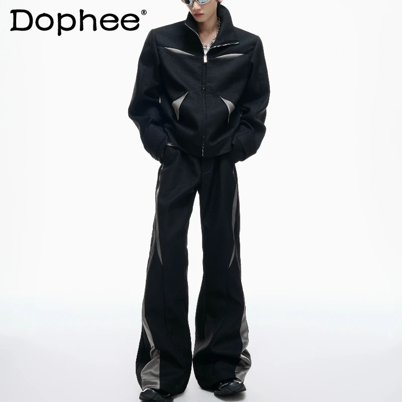 

2025 Men's Autumn New Fashion 2pcs Contrast Color Splicing Short Style Jackets High-End Flared Trousers Cotton Two-piece Sets